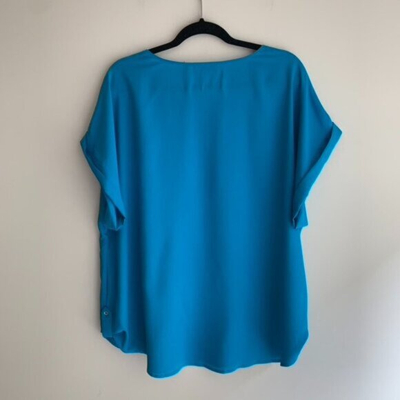 Calvin Klein Women's Draped Blouse Top Short Sleeve Blue Plus Size 1X - Picture 10 of 15